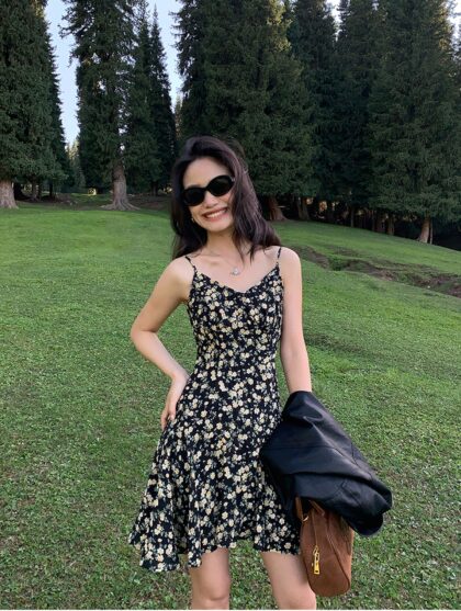 Black Floral A-Line Sundress with Flounce Hem
